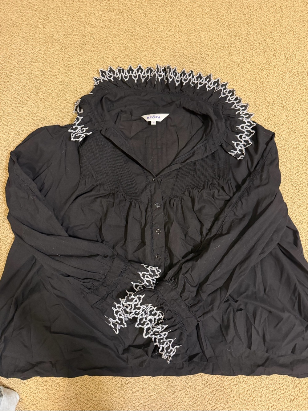 **PLUS SIZE SALE**

Brora Black Cotton Blouse with White Scalloped Trim